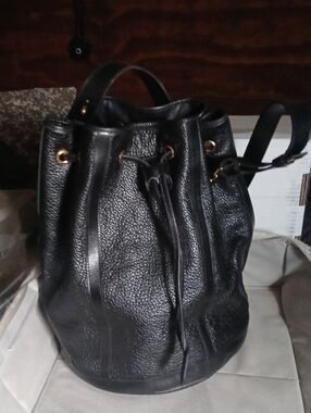 Black Leather Drawstring Bucket Bag